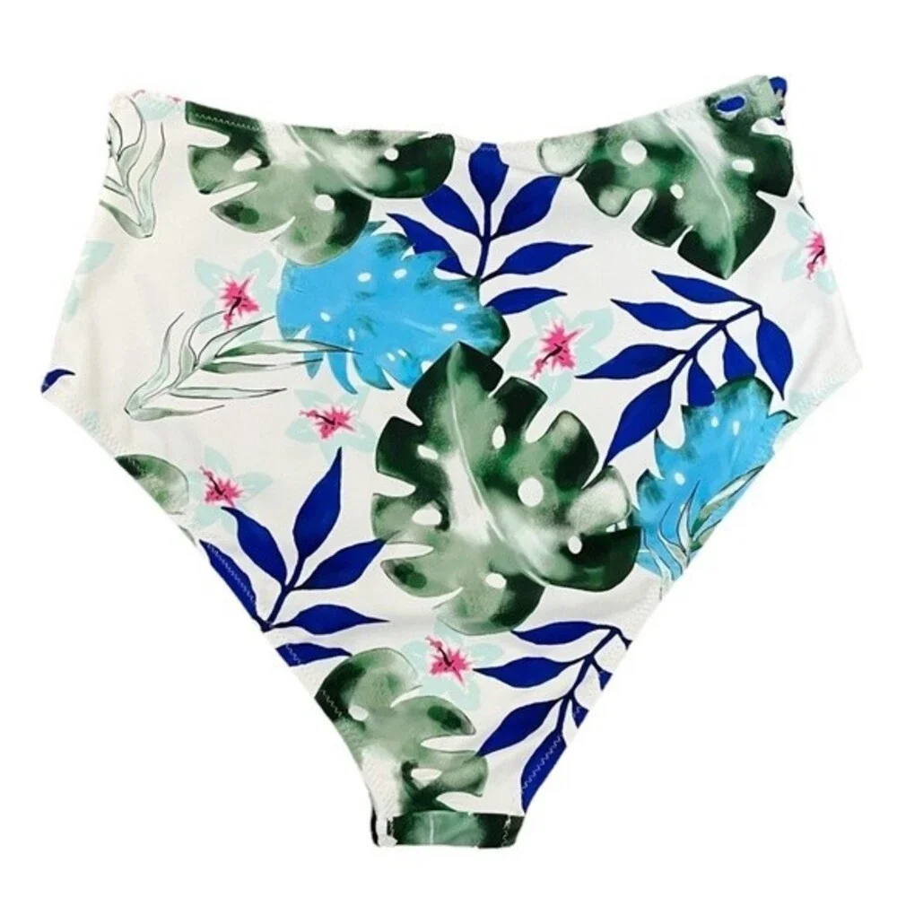NWT Cupshe Two Piece Swimsuit Tropical Floral Cutout Brief Stripe Halter Top XL